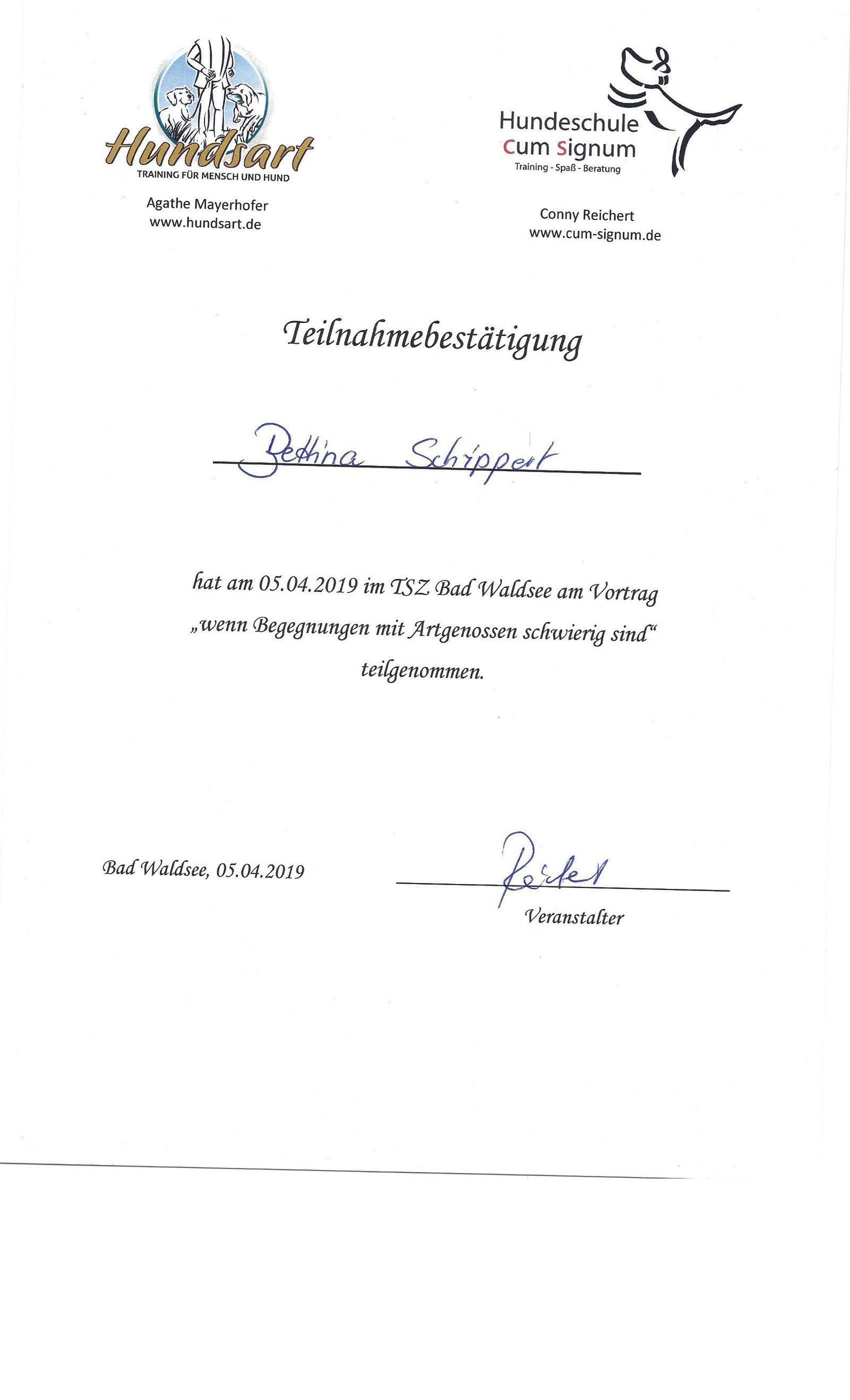 Teilnahmebestätigung Hundekurs